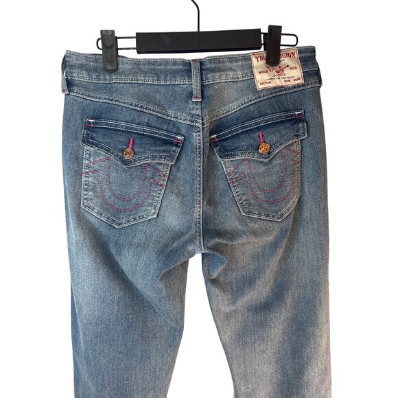 Joey True Religion Size 28 Mid Rise Flare Jeans Blue Denim With Red Stitching - Picture 8 of 13